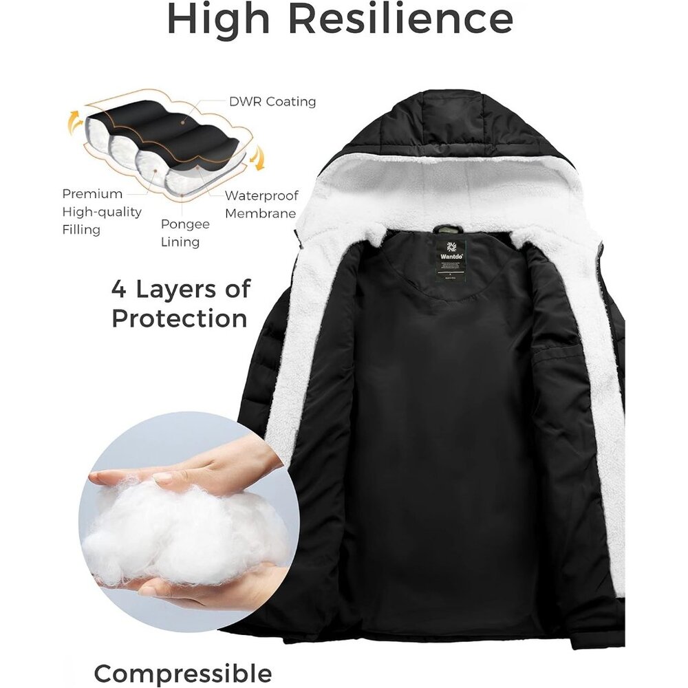 Women's Fabric Fleece Hooded Black Puffer Quilted Jacket Coats Winter Warm - Picture 3 of 6